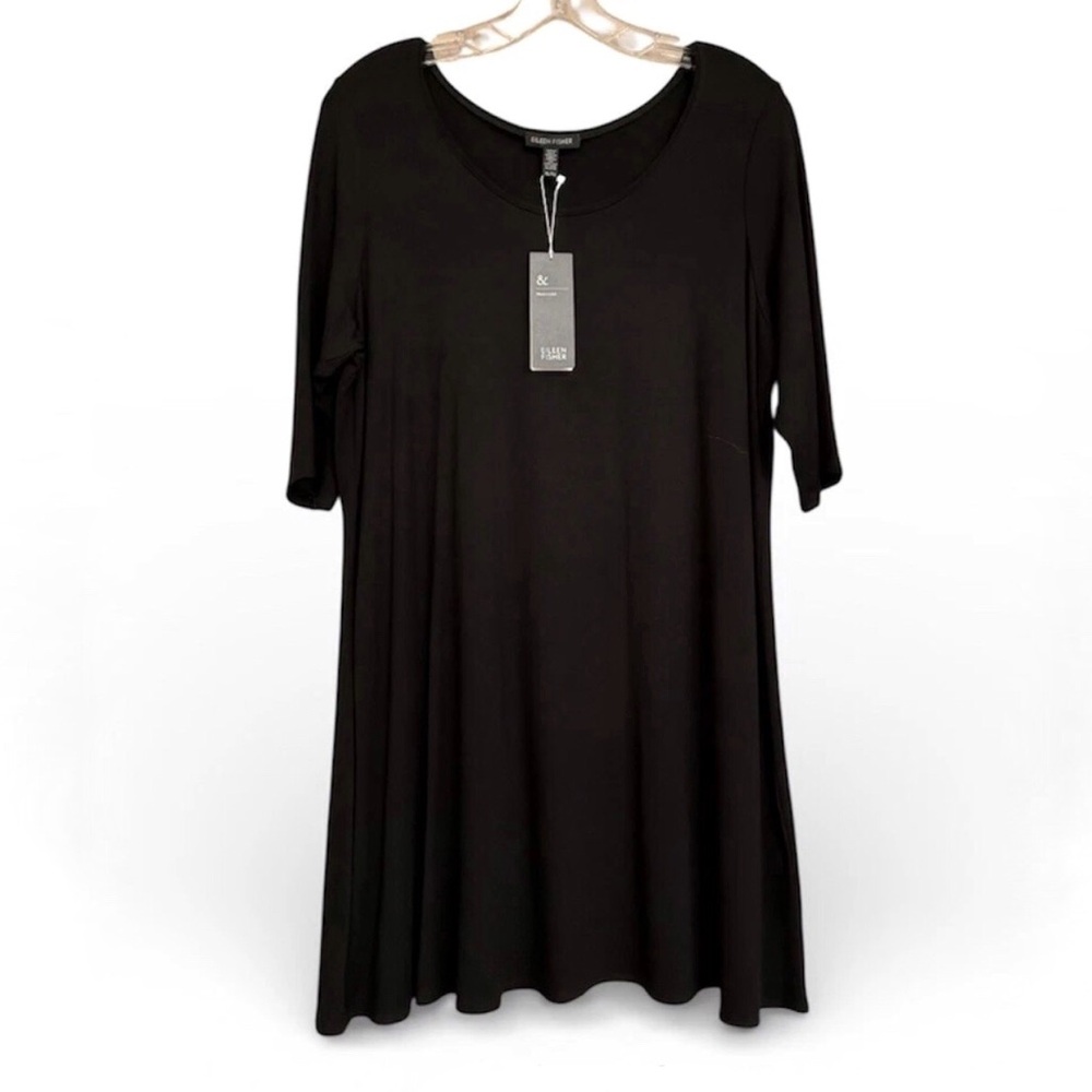 Eileen Fisher Black Dress Tag Size XL Actual Size L Slim Fit 3/4 Sleeves USA NWT